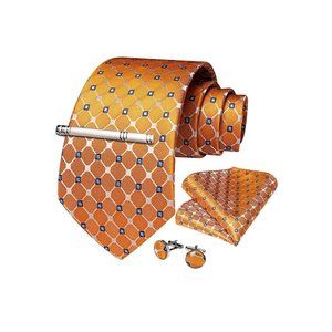 Men's Silk Tie + Pocket Square + Cufflinks + Tie Clip 4 Piece Set